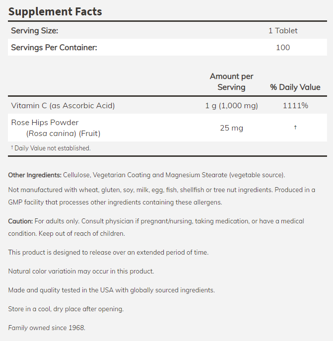 NOW - Витамин C-1000 - Постепенно освобождаване - 100 таблетки